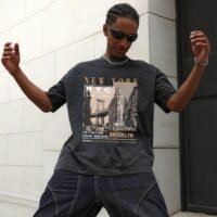 Oversized Graphic T-Shirt for Men New York Los Angeles Vintage Acid Wash Cotton Tees Streetwear Casual Tee Top