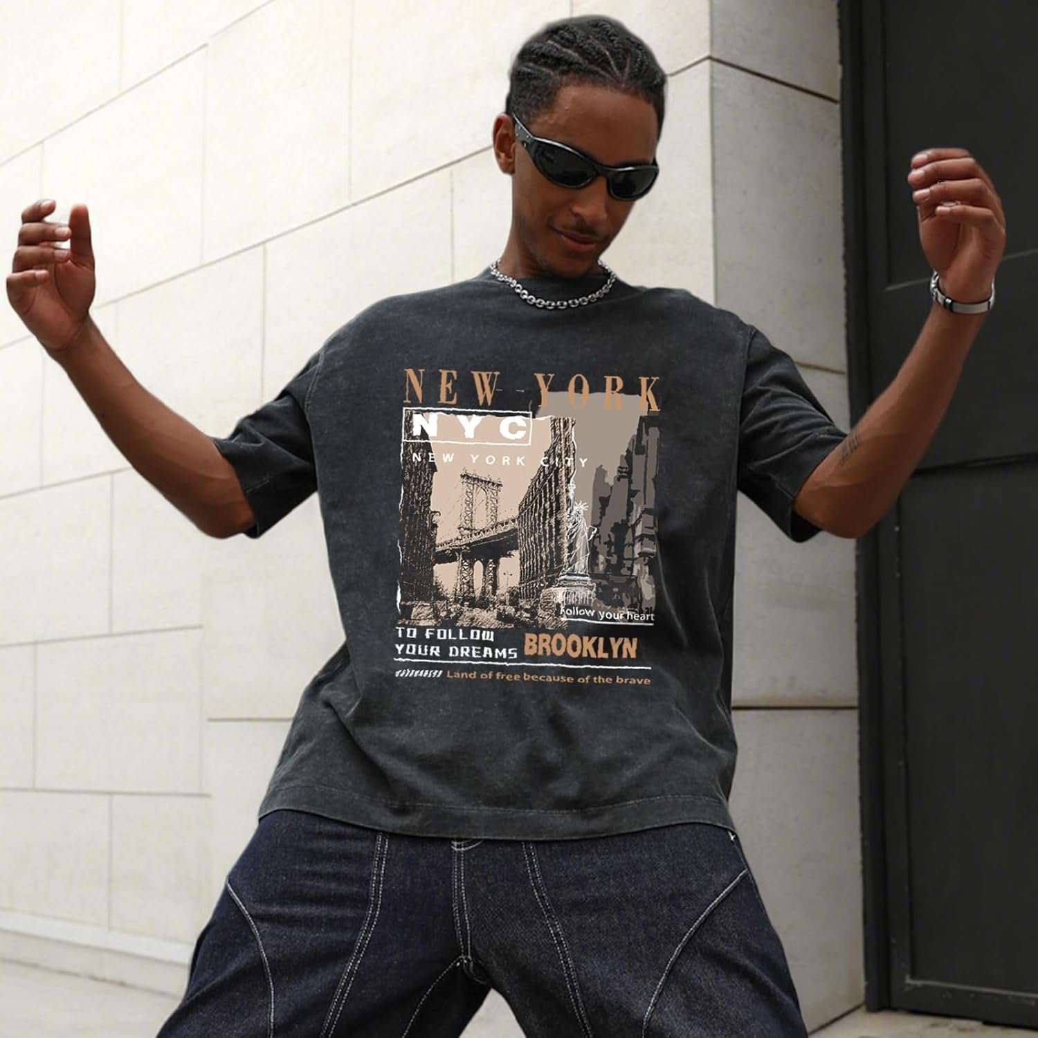 Oversized Graphic T-Shirt for Men New York Los Angeles Vintage Acid Wash Cotton Tees Streetwear Casual Tee Top