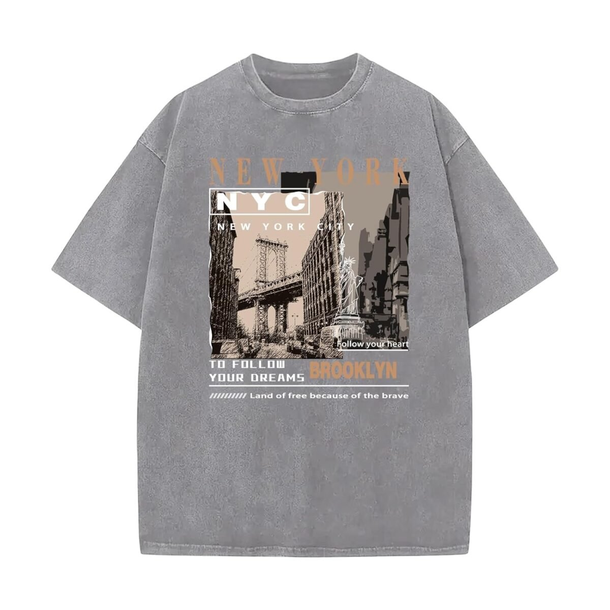 Oversized Graphic T-Shirt for Men New York Los Angeles Vintage Acid Wash Cotton Tees Streetwear Casual Tee Top