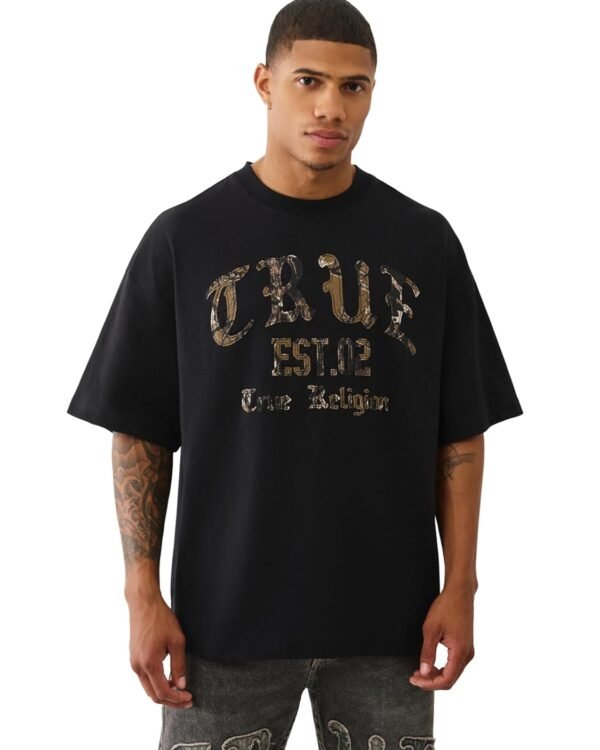 True Religion Men's Forest Camo Oversized Tee – Short Sleeve Crewneck Graphic T-Shirt