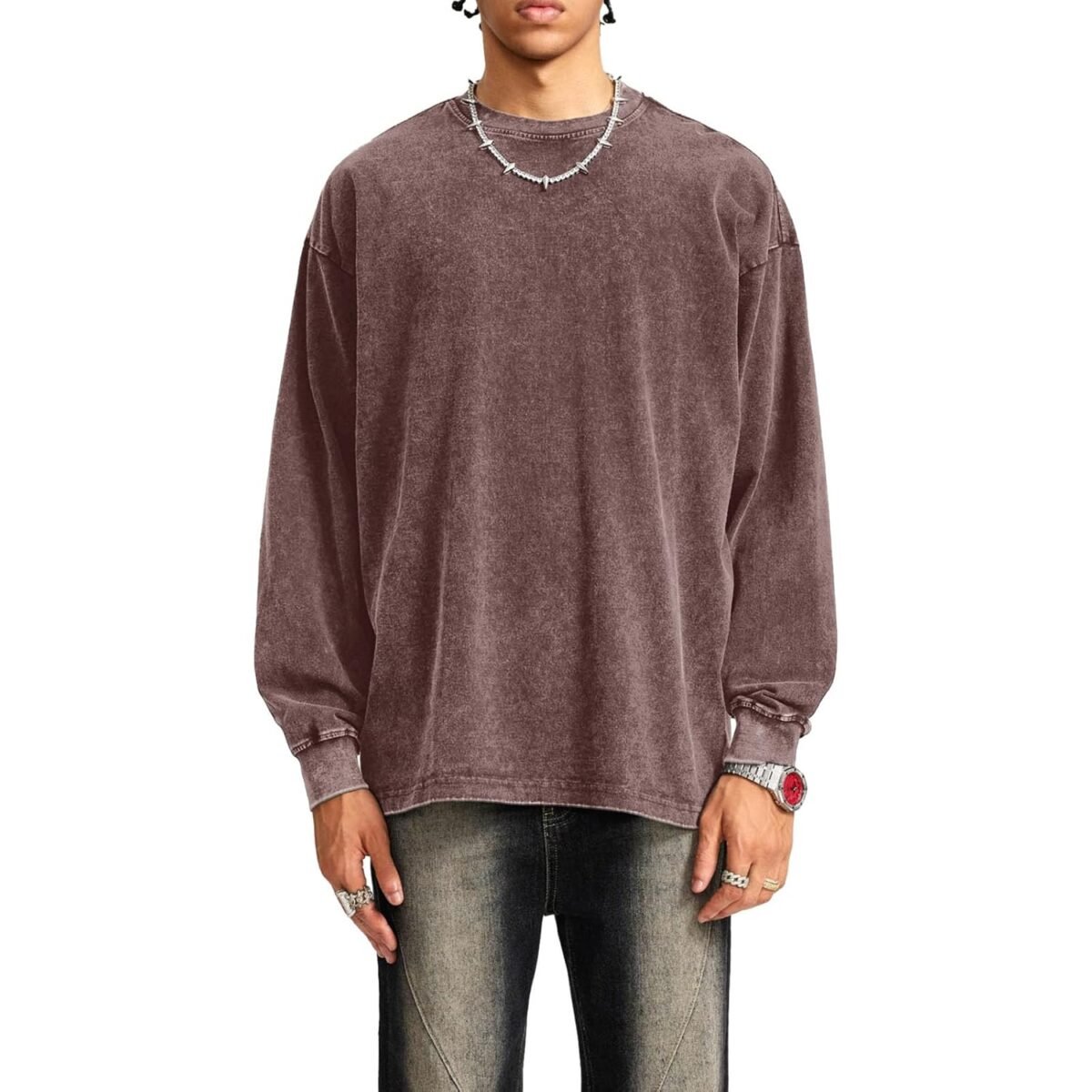 Tuislay Vintage Oversized T Shirts for Men Cotton Baggy Crewneck Streetwear Sweatshirt Acid Wash Long Sleeve Tee Shirts Top