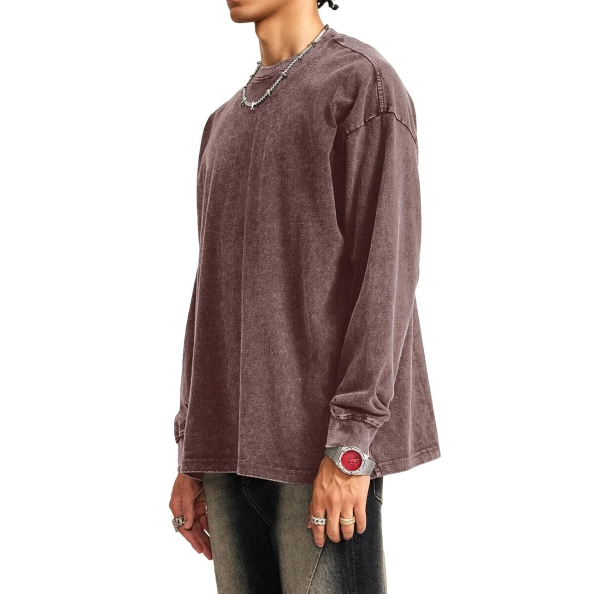 Tuislay Vintage Oversized T Shirts for Men Cotton Baggy Crewneck Streetwear Sweatshirt Acid Wash Long Sleeve Tee Shirts Top