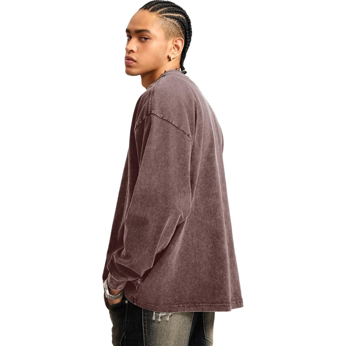 Tuislay Vintage Oversized T Shirts for Men Cotton Baggy Crewneck Streetwear Sweatshirt Acid Wash Long Sleeve Tee Shirts Top